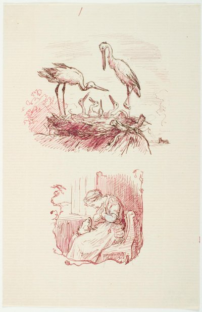 F.o.: Cigognes. F.n.: Femme assise avec une grenouille sur les genoux - Lorenz Frølich