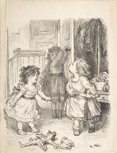 Trois petites filles dans une pièce se disputant et crachant - Lorenz Frølich