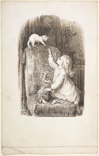 Un enfant grimpe sur une chaise pour attraper un chaton - Lorenz Frølich
