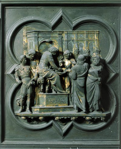 Porte Nord (appelée Porte de la Croix, au Nord), détail extérieur : « Le Christ face à Ponce Pilate » Sculpture en bronze réalisée par Lorenzo Ghiberti (1378-1455) - Lorenzo Ghiberti