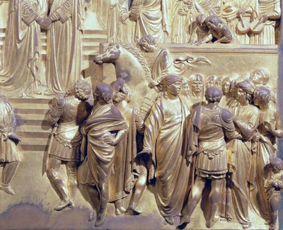 La Rencontre du roi Salomon et de la reine de Saba, détail des assistants, des panneaux originaux des portes Est du Baptistère (1425-52) (post restauration) - Lorenzo Ghiberti