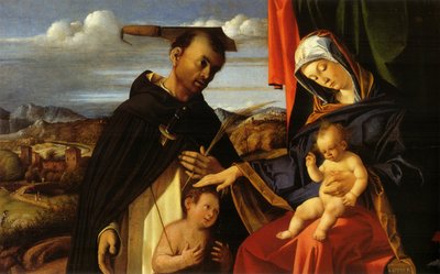 Italien :  Madonna col Bambino e San Pietro Martire Madone et Enfant avec le jeune Saint Jean-Baptiste et Saint Pierre Martyr - Lorenzo Lotto