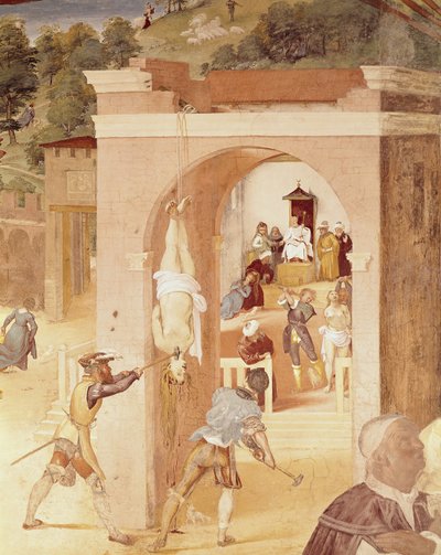 Scènes de la vie de Sainte Barbe, détail de Sainte Barbe remise au préteur romain Marcian, puis torturée, 1523-24 - Lorenzo Lotto