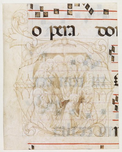 Christ lavant les pieds des apôtres dans une initiale D, fragments de texte et portées musicales - Lorenzo Monaco