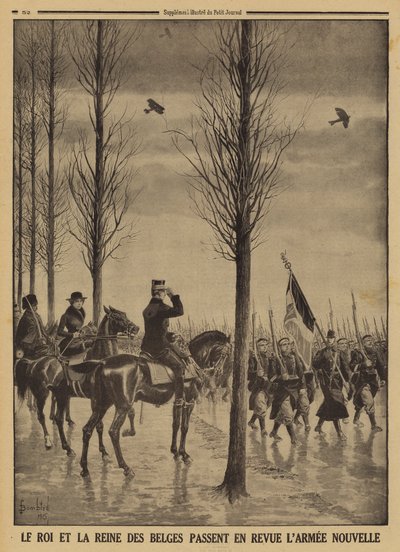 Le roi Albert Ier et la reine Élisabeth des Belges passant en revue leur nouvelle armée, Première Guerre mondiale - Louis Charles (after) Bombled