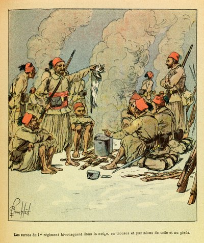 Janvier 1871, les Turcos du 1er régiment bivouaquent dans la neige, en blouses et pantalons de toile et pieds nus - Louis Charles Bombled