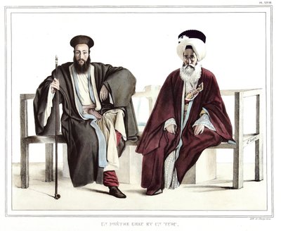 Un prêtre grec et un Turc. dans « Voyage à Athènes et Constantinople, ou collection de portraits grecs et ottomans, vues et costumes, peints sur place d