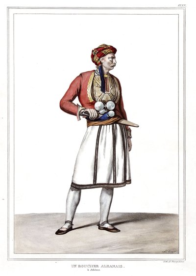Un boucher albanais à Athènes. dans « Voyage à Athènes et Constantinople, ou collection de portraits, vues et costumes grecs et ottomans, peints sur les lieux de nature, lithographiés et coloriés par Louis Dupré (1789-1837), élève de David.1825. - Louis Dupré