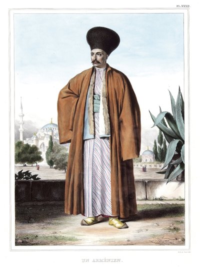 Un Arménien. dans « Voyage à Athènes et Constantinople, ou collection de portraits, vues et costumes grecs et ottomans, peints sur les lieux de nature, lithographiés et coloriés par Louis Dupré (1789-1837), élève de David.1825. - Louis Dupré