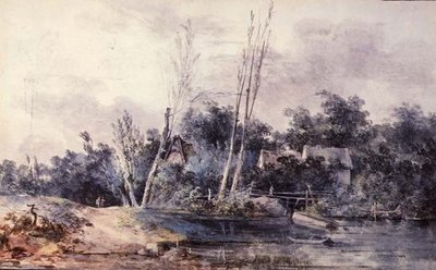 Cottages et saules près d