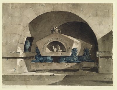 Sépulcre de style égyptien avec sphinx et chouette - Louis Jean Desprez