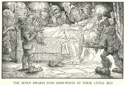 Les sept nains trouvent Blanche-Neige dans leur petit lit - Louis John Rhead