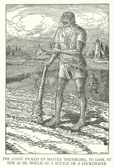 Le géant ramassa Maître Pouce pour le regarder comme il le ferait avec un scarabée ou un hanneton - Louis John Rhead