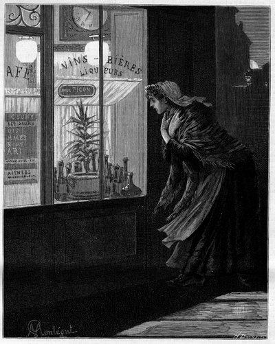 Devant ces fenêtres basses, seules éclairées dans les rues désertes, une petite ombre passe et revient sans crainte... Femme regardant à travers la vitre d