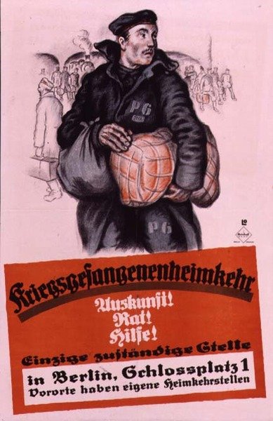 Affiche allemande conseillant aux prisonniers de guerre de retour où aller pour obtenir de l