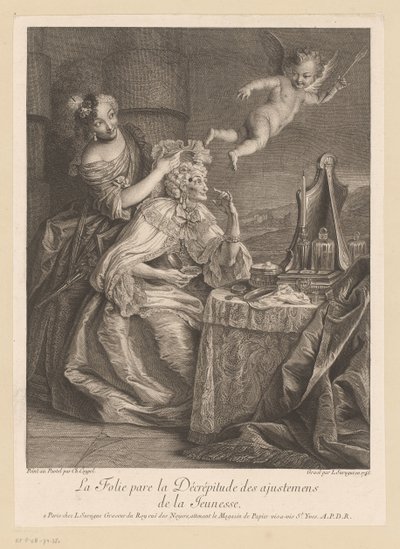 Dame de cour aidant une vieille dame à camoufler les signes de vieillesse - Louis Surugue