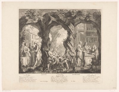 Paysage avec trois scènes où une jeune femme achète, porte et vend un médaillon - Louis Truchy