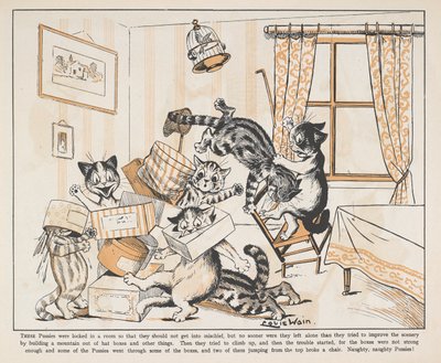 Chats jouant avec des boîtes dans une pièce - Louis Wain