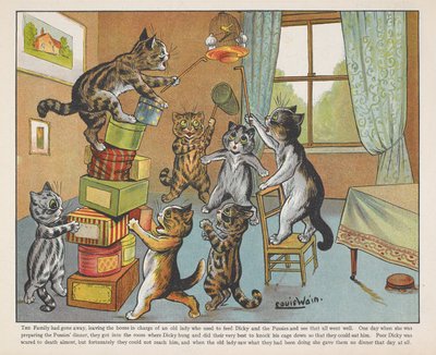 Chats jouant avec des boîtes dans une pièce - Louis Wain