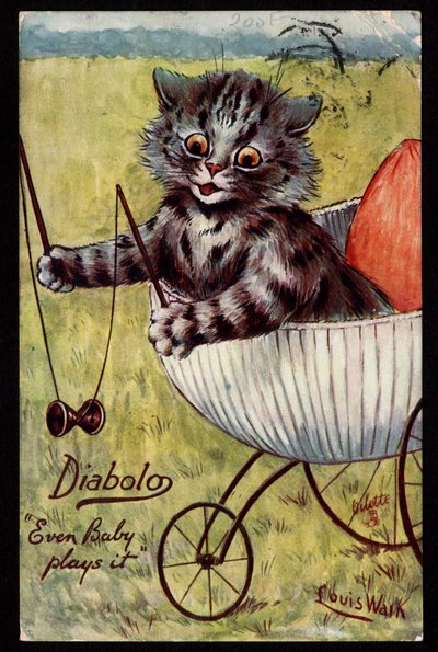 Diabolo. Même bébé y joue. Animaux en posture humaine. Chaton jouant avec un diabolo dans son berceau. Carte postale. Chromolithographie de Louis Wain, début du 20e siècle - Louis Wain