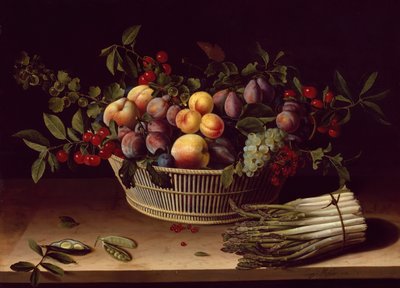 Nature morte avec un panier de fruits et une botte d