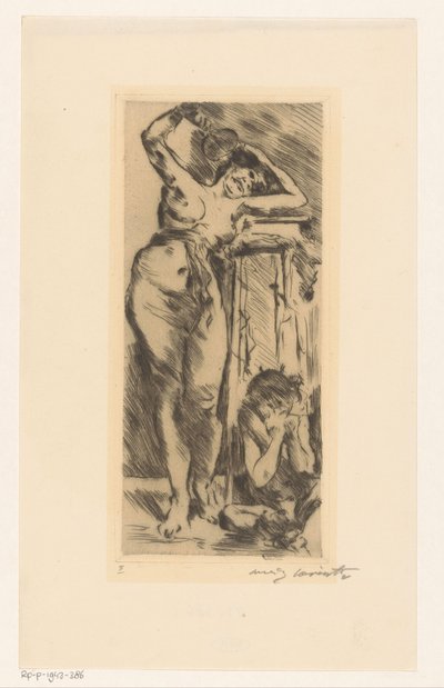 Nu féminin avec éventail à la main et figure recroquevillée à droite - Lovis Corinth (signed by artist)