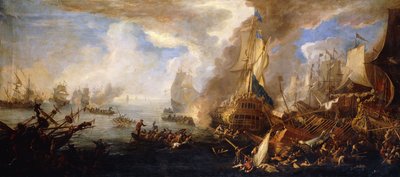 Bataille navale avec des navires de guerre sardes et vénitiens et des galères sardes et égyptiennes (?) au premier plan - Luca Carlevaris