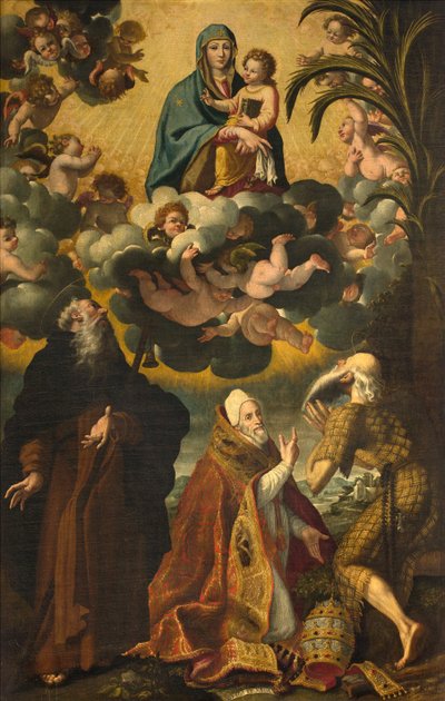 Autel de Saint Antoine, Madone et Enfant avec Saints Antoine Abbé Paul Ermite et Pape Grégoire XIV, Luke Cattapane 1593 - Luca Cattapane