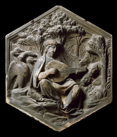 Allégorie de la Musique comme Orphée Les animaux de la forêt écoutent Orphée jouant du luth. Haut-relief par Luca della Robbia - Luca Della Robbia