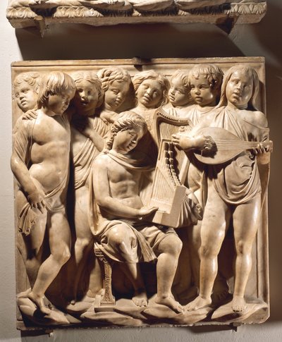 Laudate Eum in chordis et organo (Psaume 150, Laudate Dominum), panneau avec des garçons chantant avec orgue, harpe et luth - Luca Della Robbia