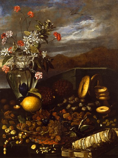 Nature morte avec fruits secs, fleurs et paysage - Luca Forte