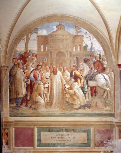 Benoît envoie Maur en France et Placide en Sicile - Fresque du cloître réalisée par Luca Signorelli racontant la vie de Saint Benoît de Nursie (480 - 567) fondateur de l