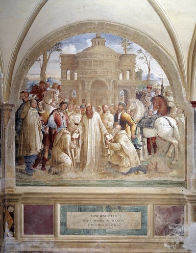 Benoît envoie Maur en France et Placid en Sicile (fresque du cloître réalisée par Luca Signorelli racontant la vie de Saint Benoît de Nursie (480 - 567) fondateur de l