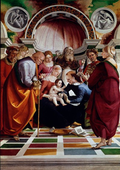 La circoncision. Parmi les personnages représentés : Saint Joseph (avec une canne), la Vierge Marie, Jésus-Christ et Saint Siméon (levant les mains au ciel). Peinture de Luca Signorelli (ca. 1445-1523) vers 1491. Londres, National Gallery - Luca Signorelli