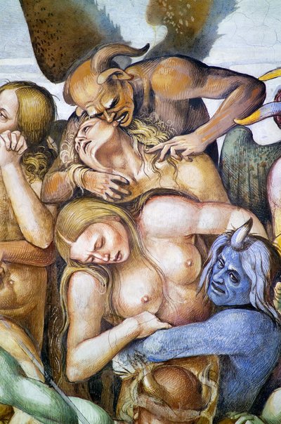 Damné en enfer, détail avec autoportrait de Luca Signorelli en démon bleu, du cycle de fresques du Jugement Dernier - Luca Signorelli