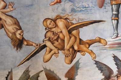 Condamné en enfer, détail du démon volant portant un pécheur prospère sur ses épaules et regardant en arrière vers elle en souriant, manifestement satisfait de la proie - Luca Signorelli