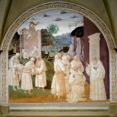 Vie de Saint Benoît : Saint Benoît ressuscite un moine ouvrier sur le chantier du Monastère du Mont Cassin après l