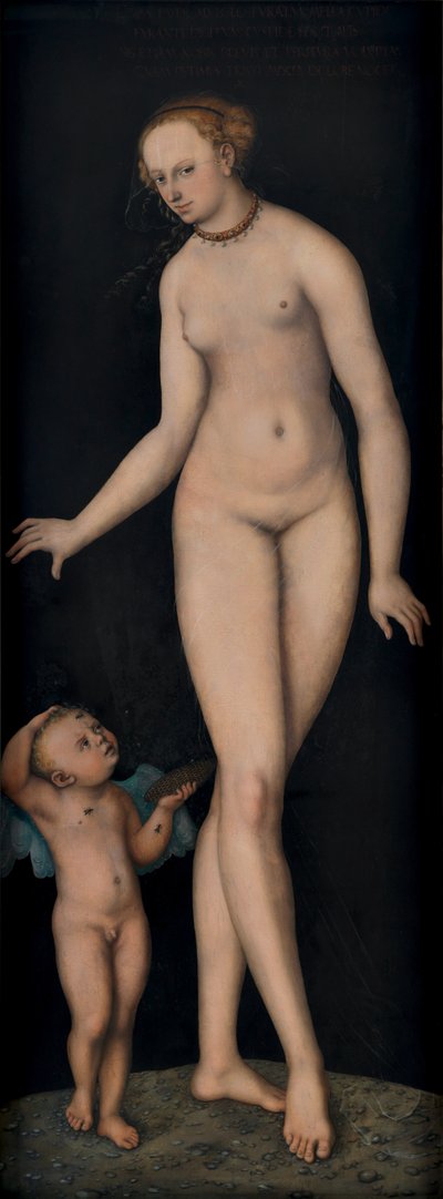 Allemand : Venus mit Amor als Honigdieb vor schwarzem Grund Venus with Cupid as a Honey Thief against a Black Background (Vénus avec Cupidon comme voleur de miel sur fond noir) - Lucas Cranach the Elder
