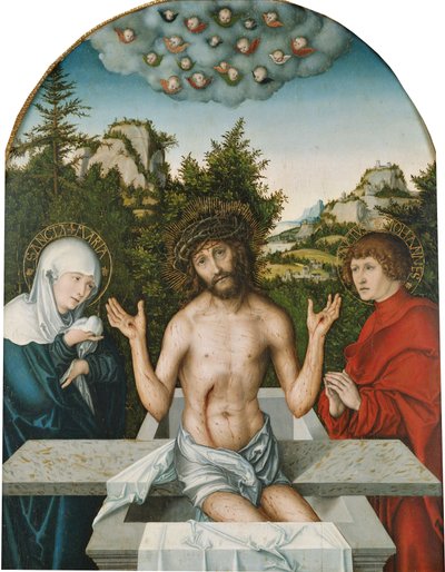 Retable de Pfirtscher : Le Christ, homme de douleur, assis sur un sarcophage entre la Vierge et saint Jean [panneau central]. - Lucas Cranach the Elder
