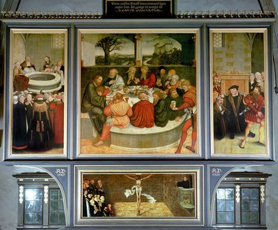 Triptyque, panneau gauche, Philipp Melanchthon effectue un baptême assisté par Martin Luther ; panneau central, la Cène avec Luther parmi les Apôtres ; panneau droit, Luther fait sa confession ; Luther - Lucas Cranach the Elder