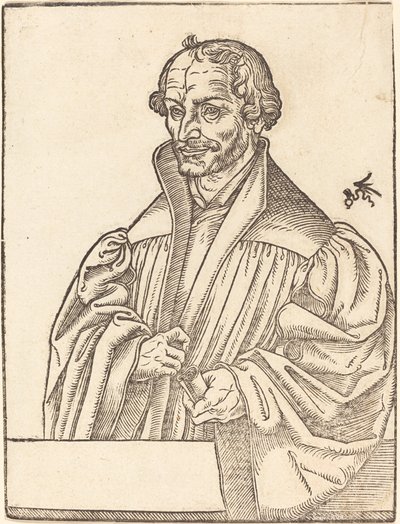 Philip Melanchton, mi-longueur à gauche, debout derrière un parapet - Lucas Cranach the Younger