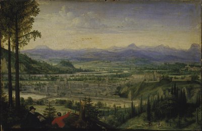 Vue de Linz avec un artiste dessinant au premier plan - Lucas Valckenborch van
