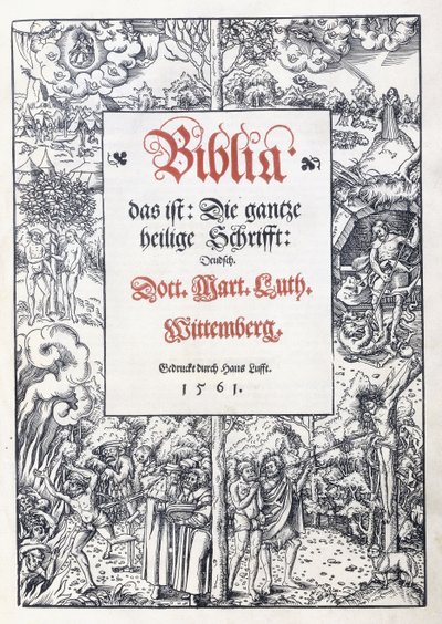 Page de titre, avec une belle bordure picturale de "Biblia, das ist: Die gantze heilige Schrifft: Deudsch", traduit par Martin Luther, 1560-1561 - Lucas the Younger Cranach