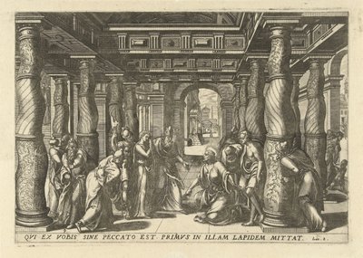 Christ et la femme adultère (Memorabilivm Novi Testamenti in templo gestorvm icones tredecim elegantissimi ac ornatissimi) - Lucas van Doetechum