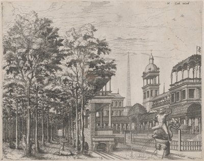 Paysage avec arbres, deux cerfs et une cour de palais - Lucas van Doetechum and Johannes