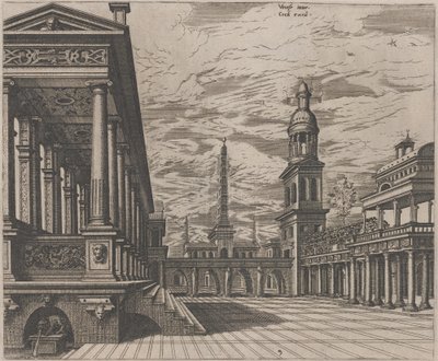 Place de la ville avec une colonnade à gauche - Lucas van Doetechum and Johannes