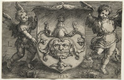 Un bouclier portant un masque soutenu par deux génies, 1527 - Lucas van Leyden