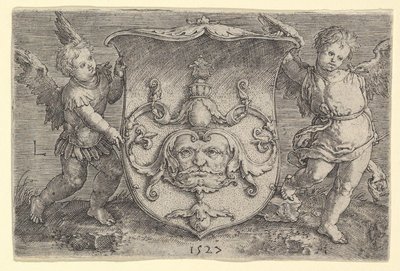 Blason avec un masque, tenu par deux génies - Lucas van Leyden