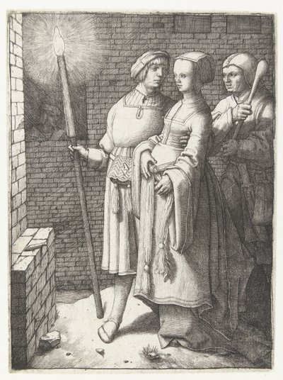 Jeune homme avec une torche, une femme et un bouffon - Lucas van Leyden