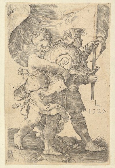 Deux garçons avec un casque et une bannière, 1527 - Lucas van Leyden